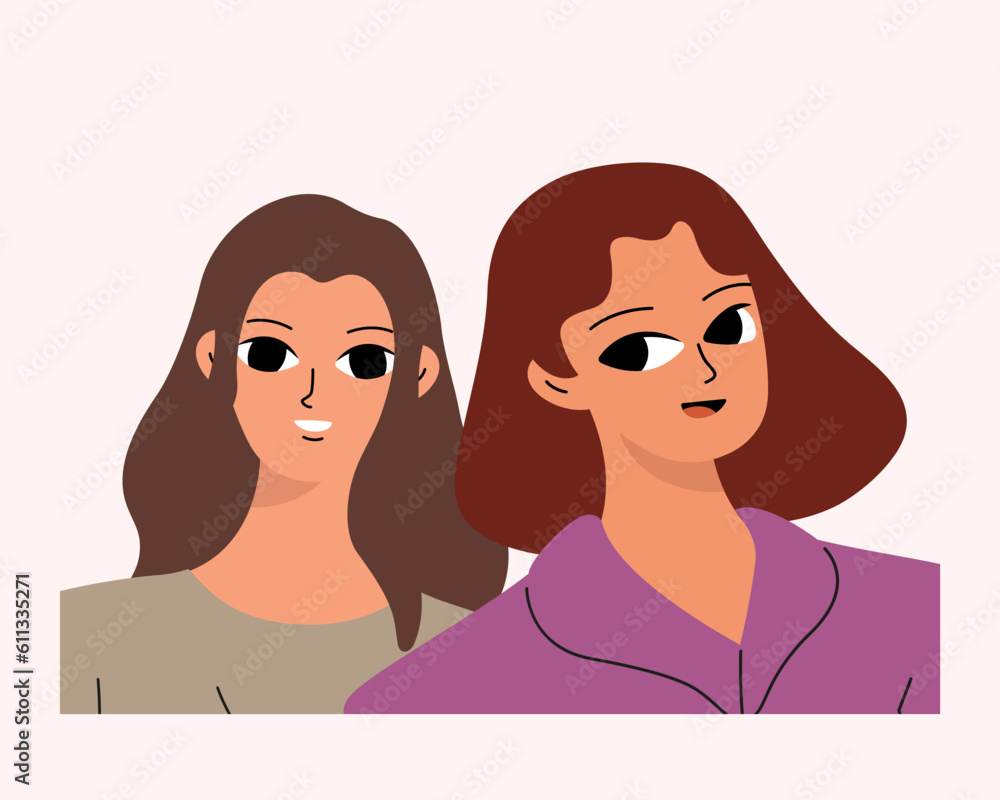 Two friends, sisters or colleagues. Girls with happy faces Two friends, sisters or colleagues. Girls with happy faces