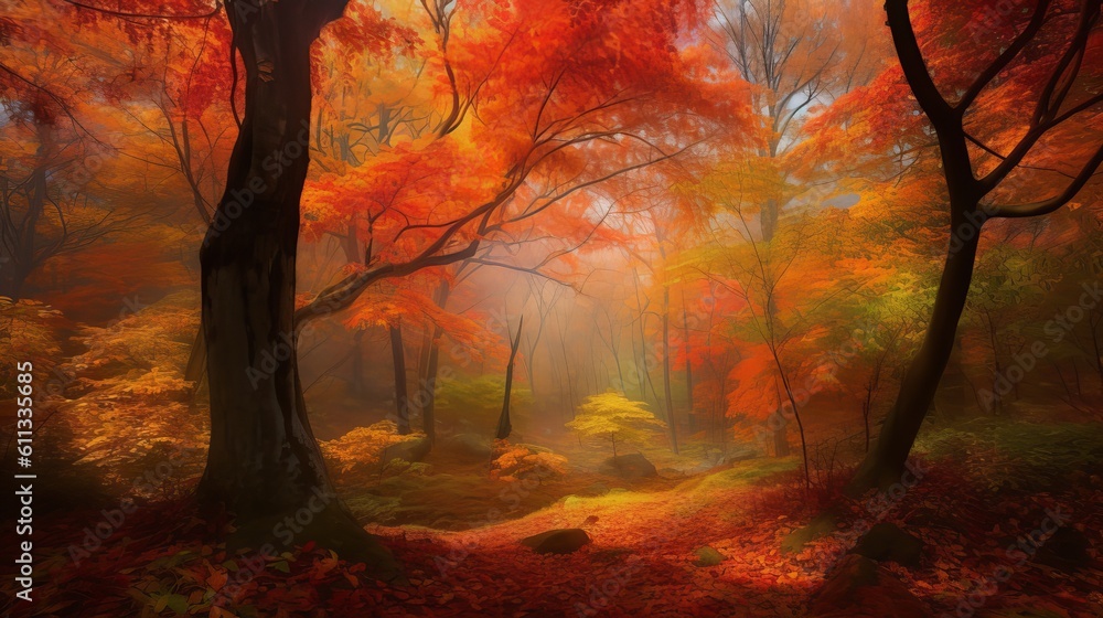 autumn in the woods, Enchanting Autumn Forest: Vibrant Foliage, Warm Glow, and Rustling Leaves, Generative AI