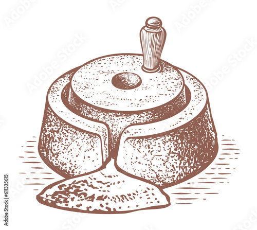 Manual old millstone. Engraving style. Sketch vector illustration