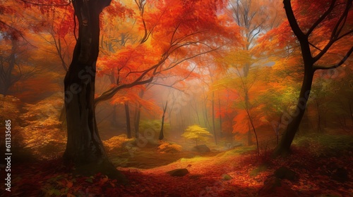 autumn in the woods, Enchanting Autumn Forest: Vibrant Foliage, Warm Glow, and Rustling Leaves, Generative AI