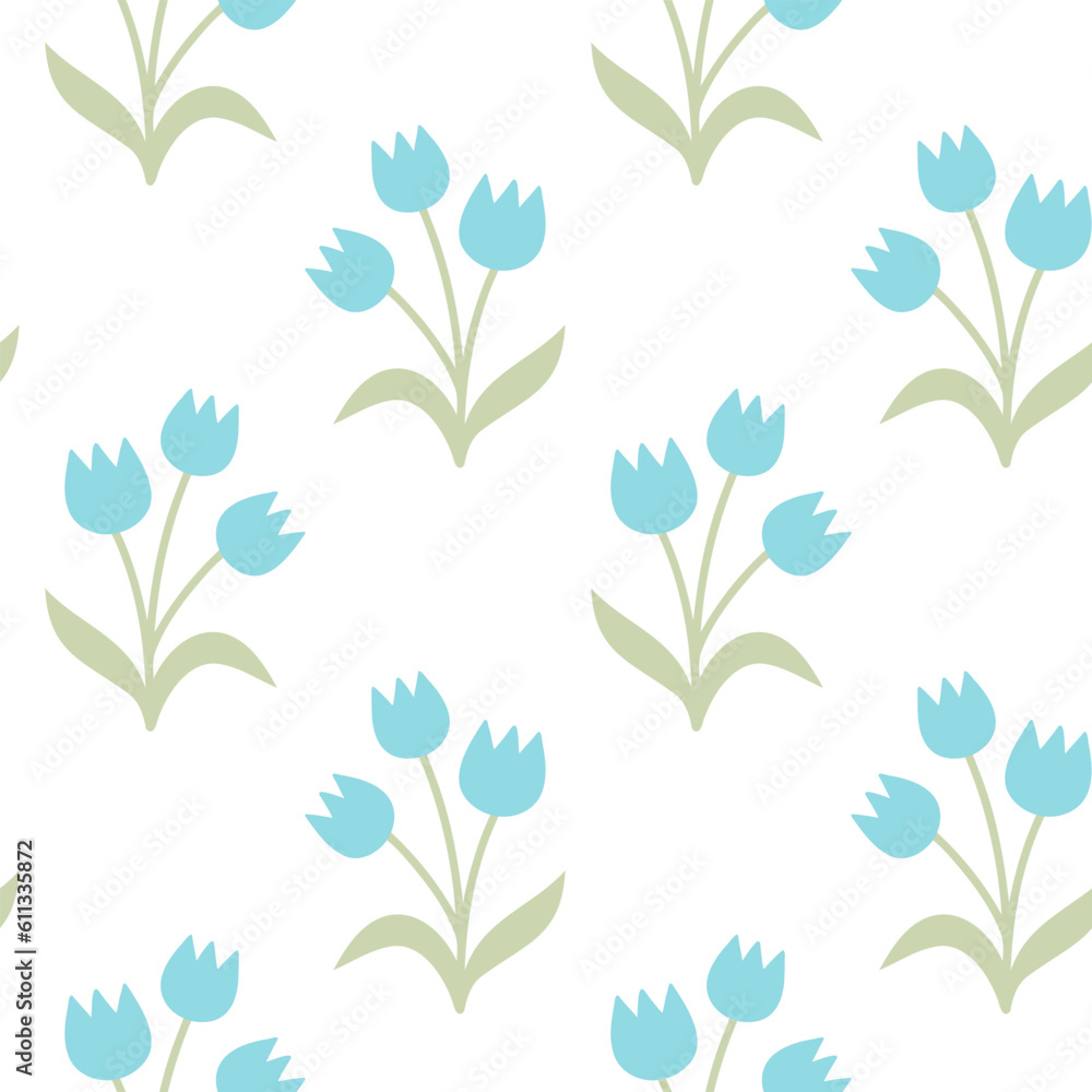 Seamless pattern of hand drawn of doodle tulips on isolated background. Design for Mother’s day, Easter, springtime and summertime celebration, scrapbooking, textile, home decor, paper craft.