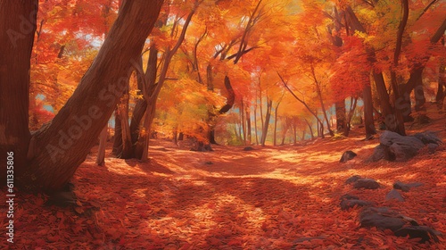 Enchanting Autumn Forest: Vibrant Foliage, Warm Glow, and Rustling Leaves, autumn forest in the morning, Generative AI