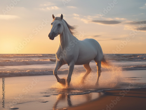 Beautiful white horse galloping along the beach. Generative AI. © AMK 