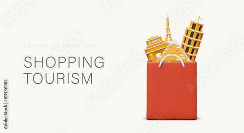 Shopping tourism. Things and products of foreign manufacturers. Excursions to local markets. Visits to best shops. Interesting souvenirs from trip. 3D package filled with architectural monuments