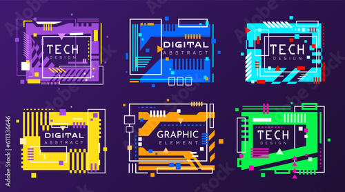 Futuristic geometric banner set. Modern technology banners collection in cyberpunk style. Futuristic hi-tech badges for digital products promotion