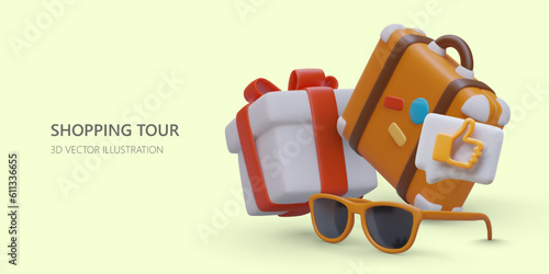 Invitations to join fashionable shopping tours. Latest collections from famous manufacturers. Ability to measure and inspect product. Color template for web page, flyer