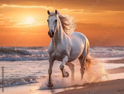 Fototapeta Beautiful white horse galloping along the beach. Generative AI.