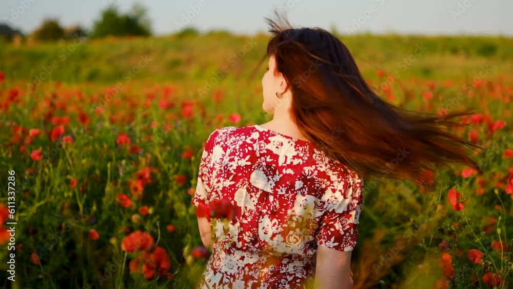 A beautiful girl stands in a field with blooming poppies and waves her long red hair. Slow motion. A beautiful girl stands in a field with blooming poppies and waves her long red hair. Slow motion.