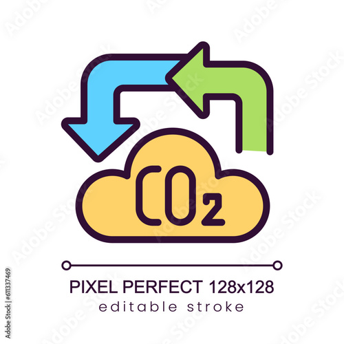 Carbon cycle pixel perfect RGB color icon. Reduce atmosphere pollution. Eco friendly industry. Isolated vector illustration. Simple filled line drawing. Editable stroke. Poppins font used photo