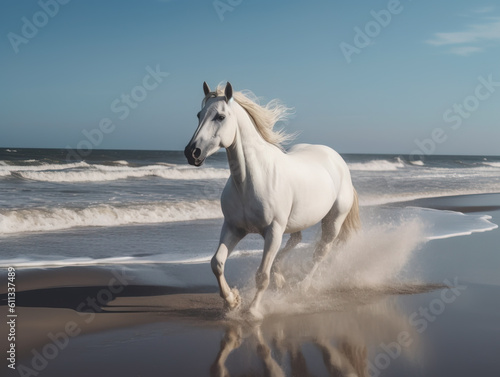 Beautiful horse run along the shore of the sea. Generative AI. © AMK 