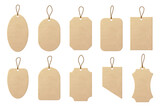 Realistic craft carton paper price tags of different shapes. Shopping paper labels with rope. Sale tags and labels