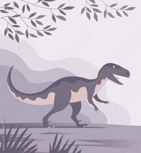 Velociraptor with dangerous claws. Predatory dinosaur of the Jurassic period. Strong hunter raptor. Prehistoric landscape and pangolin. Cartoon vector illustration