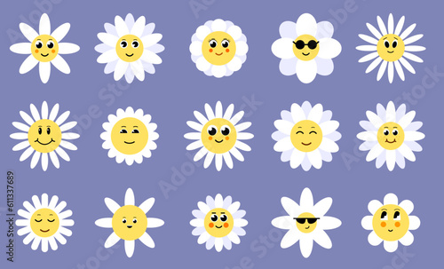 Flowers with cartoon funny smiling faces. Groovy flower cartoon characters. Funny happy daisy with eyes and smile. Kids logo design with daisies vector set.