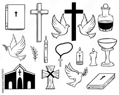 Black set of baptism related icons. Christian religion icons