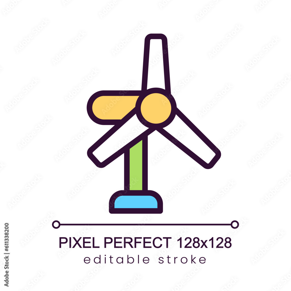 Windmill pixel perfect RGB color icon. Renewable wind power. Eco friendly electricity plant. Isolated vector illustration. Simple filled line drawing. Editable stroke. Poppins font used Windmill pixel perfect RGB color icon. Renewable wind power. Eco friendly electricity plant. Isolated vector illustration. Simple filled line drawing. Editable stroke. Poppins font used