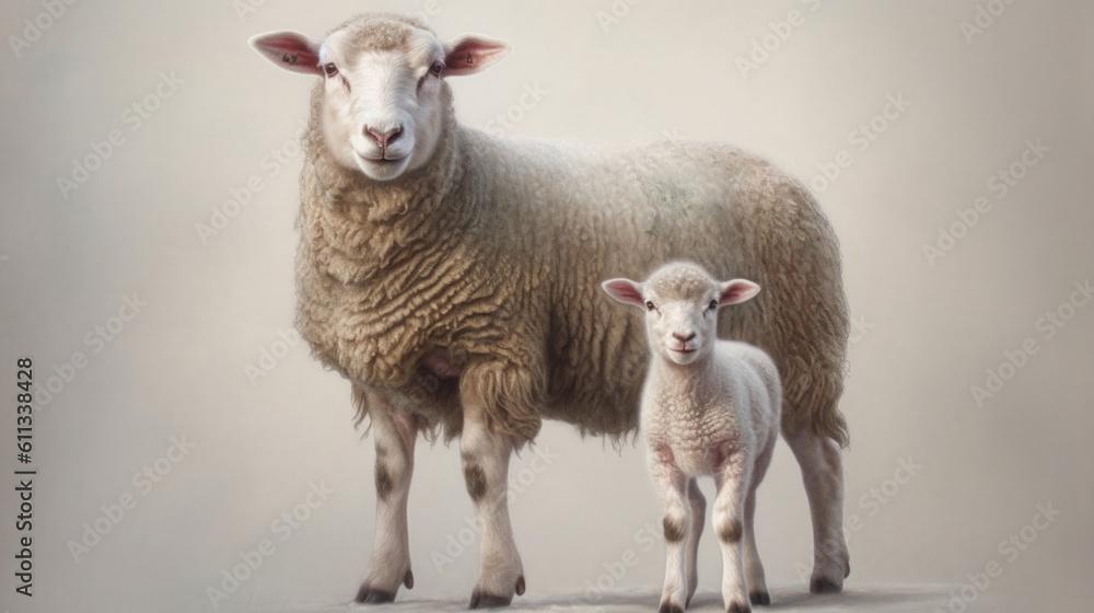 Fototapeta premium young lamb and mother look at the camera. generated ai