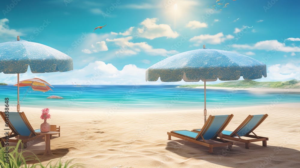 relax on the beach, Indulge in the allure of summer with ultra detail HD backgrounds that transport you to idyllic sunny beach with golden sand and vibrant umbrellas, Generative AI