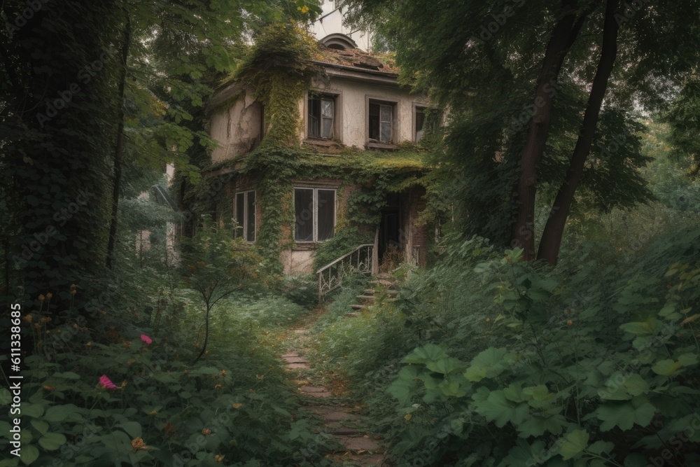 abandoned house with overgrown garden surrounded by trees and bushes, created with generative ai abandoned house with overgrown garden surrounded by trees and bushes, created with generative ai