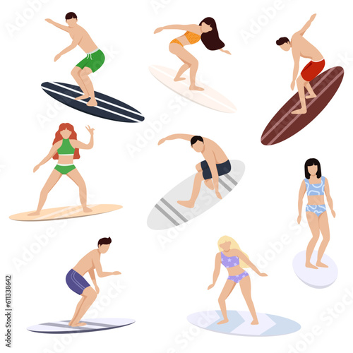 Surfers characters. People on boards dissect sea and ocean waves, beach sport, extreme athletes. Collection of cute funny people in swimwear surfing in sea or ocean.