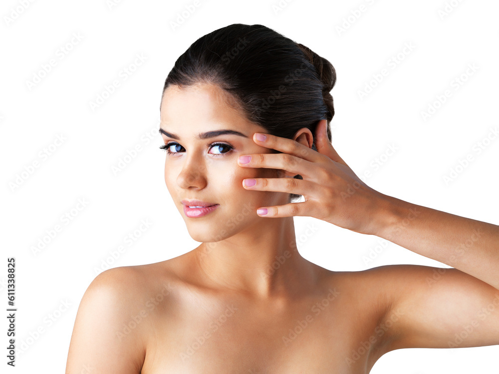 Happy woman, face and portrait smile for skincare, beauty or cosmetics isolated on a transparent PNG background. Attractive female person or model touching skin in satisfaction for facial treatment