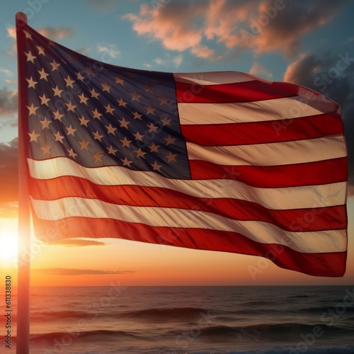 Sunset American Flag Display. Generative AI