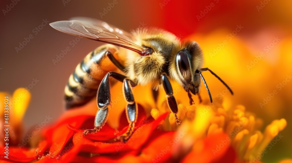 Bees on beautiful vibrant flowers, summer time, generative AI Bees on beautiful vibrant flowers, summer time, generative AI
