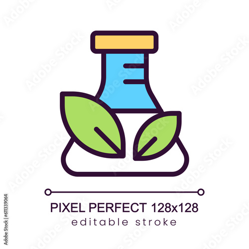 Chemical free materials pixel perfect RGB color icon. Safe products. Eco friendly manufacture. Isolated vector illustration. Simple filled line drawing. Editable stroke. Poppins font used