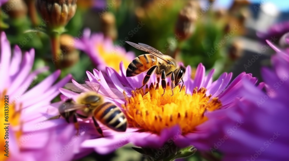 Bees on beautiful vibrant flowers, summer time, generative AI Bees on beautiful vibrant flowers, summer time, generative AI