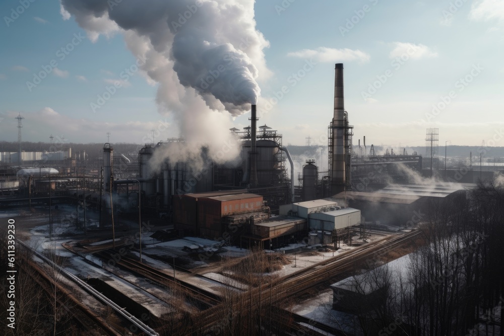 chemical plant, with smoke plumes and steam rising from the chimneys, created with generative ai