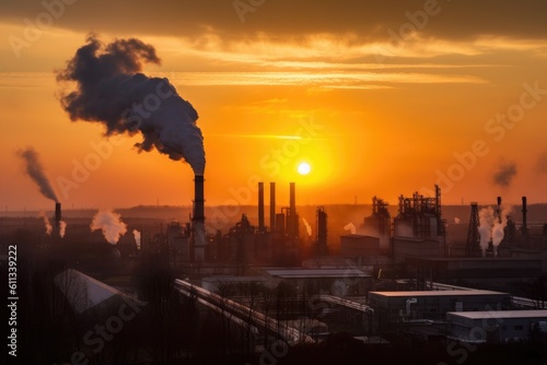 air pollution from industrial processes, with the sun setting in the background, created with generative ai