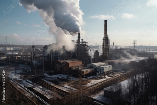 chemical plant, with smoke plumes and steam rising from the chimneys, created with generative ai © Alfazet Chronicles