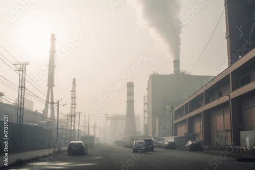 industrial plant, surrounded by haze of air pollution, created with generative ai © Alfazet Chronicles
