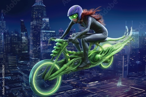 close-up of alien riding flying bike, with futuristic city in the background, created with generative ai