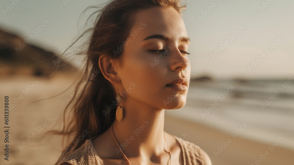 Calm fit girl with closed eyes feeling enlightenment freedom while spending summertime for yoga stretching at seaside on sandy beach. Calm fit girl with closed eyes feeling enlightenment freedom while spending summertime for yoga stretching at seaside on sandy beach.