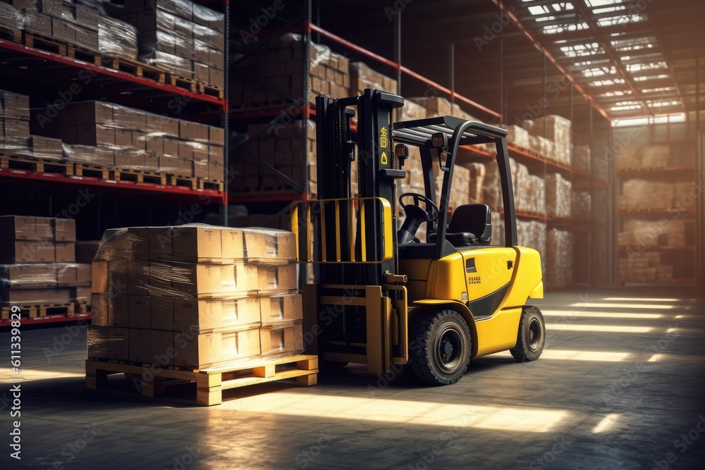 Forklift truck in warehouse. Generative AI