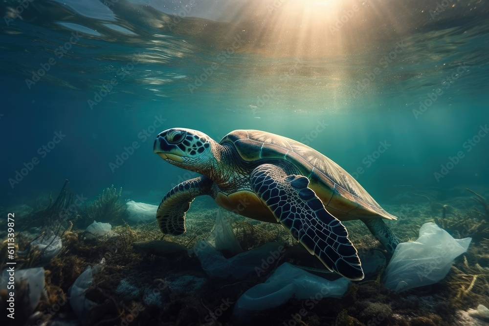Fototapeta premium World ocean pollution, Turtle and plastic bags underwater. Generative AI