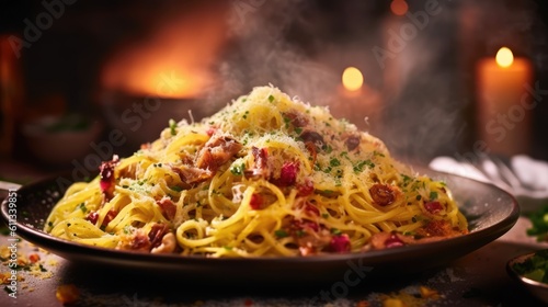 Traditional italian dish spaghetti carbonara. Generative AI