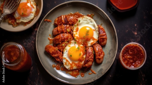 Roasted sausage with egg and red sauce. Generative AI