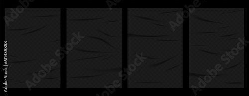Realistic set of black glued wall posters. Glued posters, old adhesive texture mockup. Blank sheets creased effect. Blank pages with wrinkles, realistic 3d set