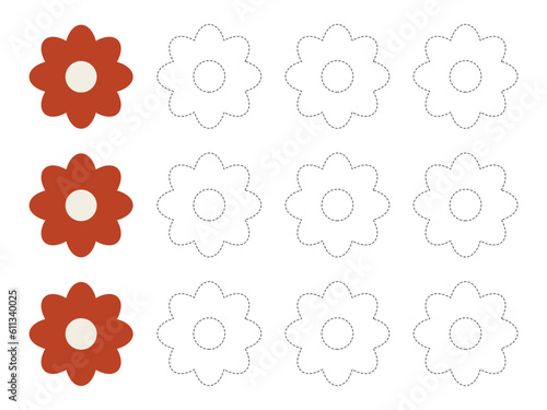 Activity for kids learning calligraphy. Preschool, Educational children game. flower to cover, dotted
