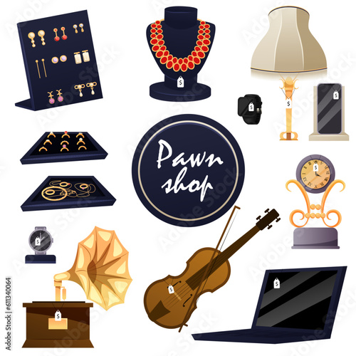 Pawn shop collection. Cartoon pawnbroker sells jewelry collection to customer, store interior. Pawnshop services. Customers Buy and Sell Precious Metals Jewels
