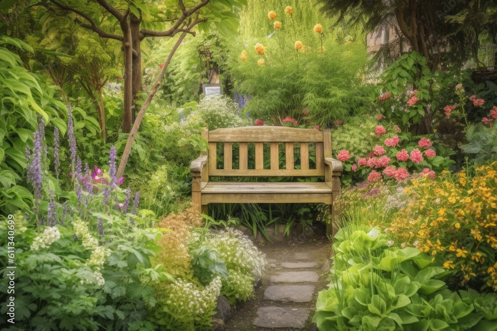 wooden bench surrounded by blooming flowers and greenery in garden, created with generative ai wooden bench surrounded by blooming flowers and greenery in garden, created with generative ai