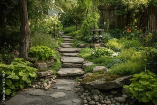 diy garden with natural stone paths, water features and greenery, created with generative ai