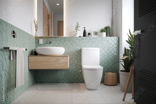 a bathroom with eco-friendly toilet and faucet  and recycled materials in the tile  created with generative ai