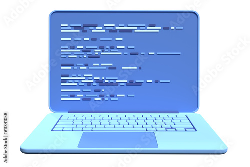 3d laptop and program code development. Web coding concept. Coding screen 3d rendering. 3d rendering of laptop. 3d render illustration