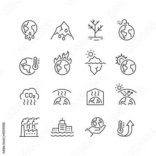 Vector line set of icons related with global warming. Contains monochrome icons like sun, earth, warming, climate, iceberg and more. Simple outline sign.