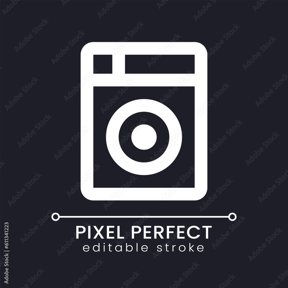 Washing machine pixel perfect white linear ui icon for dark theme. Hotel laundry service. Vector line pictogram. Isolated user interface symbol for night mode. Editable stroke. Poppins font used Washing machine pixel perfect white linear ui icon for dark theme. Hotel laundry service. Vector line pictogram. Isolated user interface symbol for night mode. Editable stroke. Poppins font used