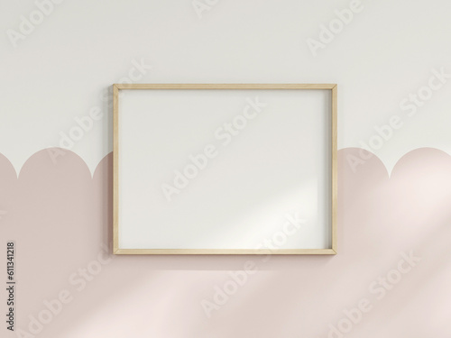 horizontal frame on the wall, girl room interior frame mockup, print mockup, baby room mockup, kids room mockup, nursery interior frame mockup, gallery wall mockup, pink wall mockup, 3d render