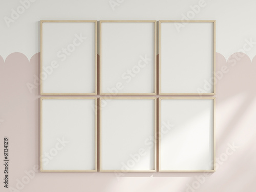 six vertical frames on the wall, girl room interior frame mockup, print mockup, baby room mockup, kids room mockup, nursery interior frame mockup, gallery wall mockup, pink wall mockup, 3d render