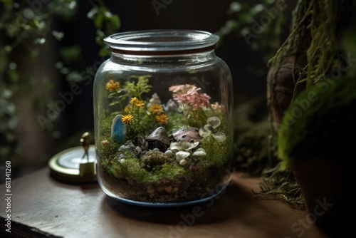 fairy garden, with tiny plants and delicate flowers, in glass jar, created with generative ai